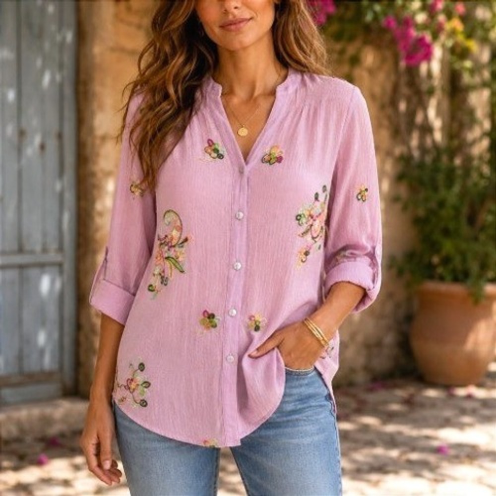 Fig and Flower Pink Floral Embroidered Gauze Roll Tab Sleeve Boho Tunic Blouse S